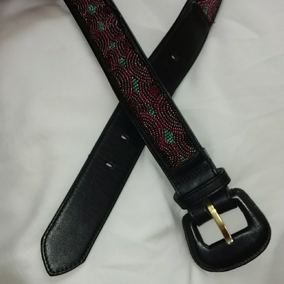 VTG 80s Ginnie Johansen Leather Beaded Panel Belt - Picture 4 of 5